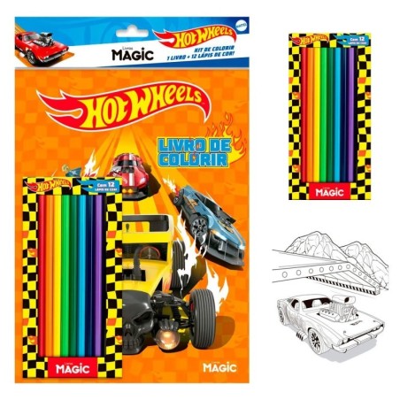 Livro Infantil De Colorir Hot Wheels Com 12 Lápis De Cor