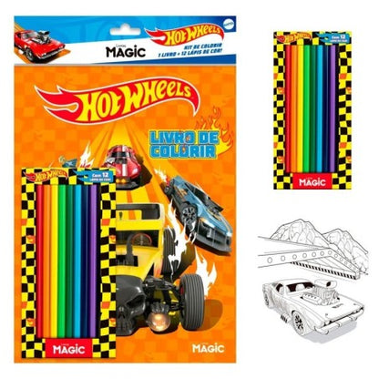 Livro Infantil De Colorir Hot Wheels Com 12 Lápis De Cor