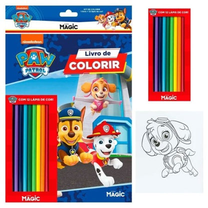 Livro Infantil De Colorir Patrulha Canina Com 12 Lápis De Cor