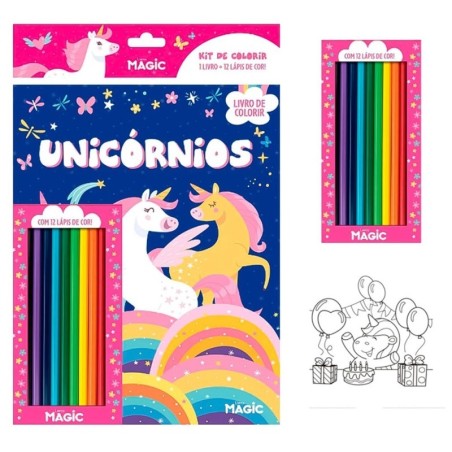Livro Infantil De Colorir Unicórnios Com 12 Lápis De Cor