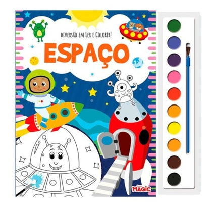 Livro De Colorir Infantil Espacial Com Aquarela 10 Cores