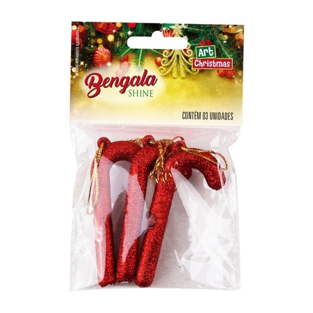 Enfeite De Natal Bengala Shine Com Glitter 3 Peças