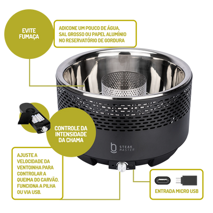 Churrasqueira Portátil a Carvão - Master Smoke  & Fire USB